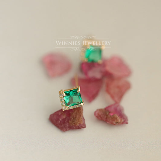 Women's Sier Plated Emerald Zirconium Diamond Princess Square Earrings