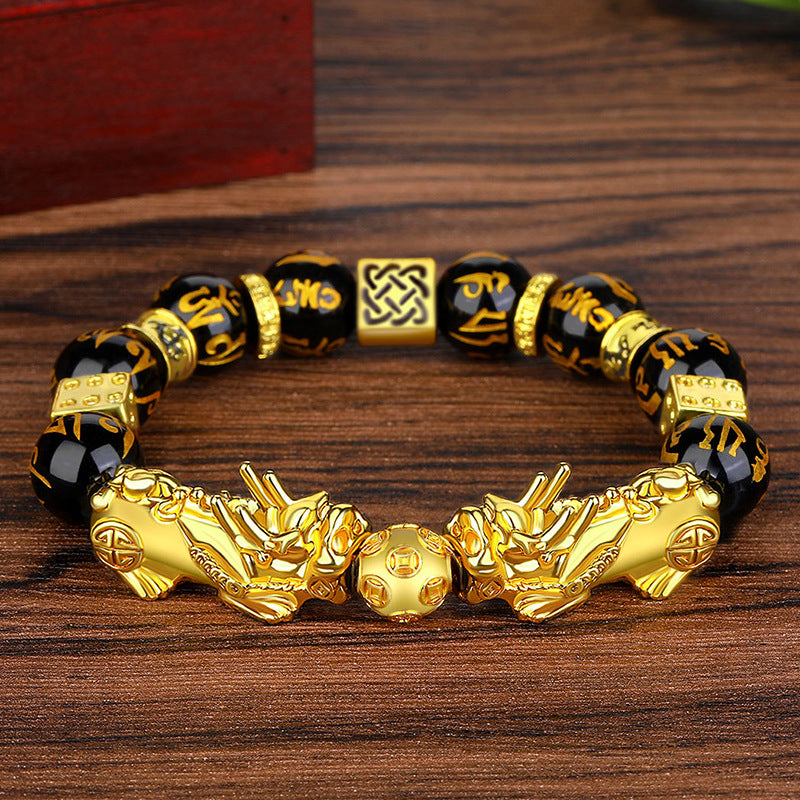 Obsidian Vietnam Placer Gold Six Words Mantra Live Bracelet