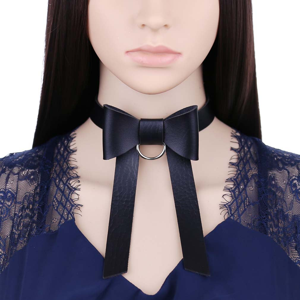 Gothic Leather Long Bow Tie Personality Necklaces