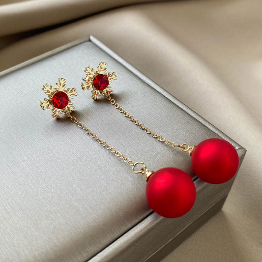 Christmas Snowflake Red Pearl Ear Personalized Long Eardrops Earrings