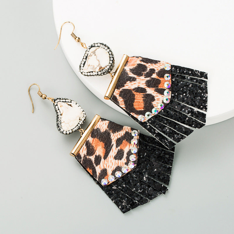 Women's Trendy Leopard Print Long Leather Fresh Earrings