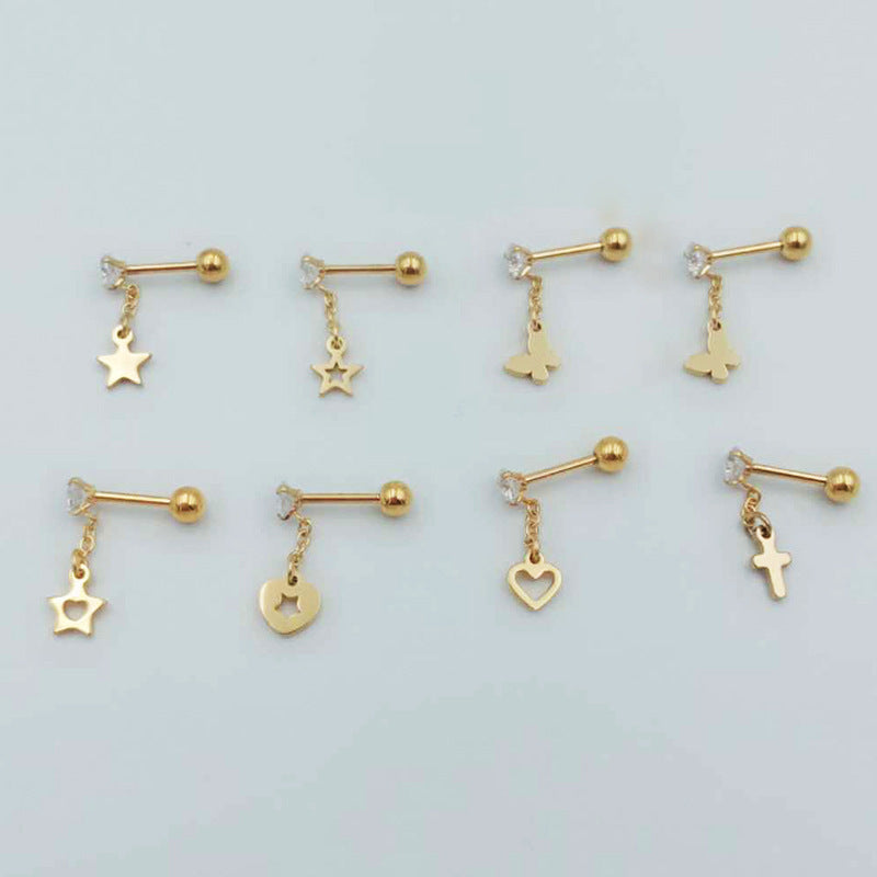Titanium Steel Ear Bone Cross Butterfly Hollow Love Five-pointed Star Stud Earrings