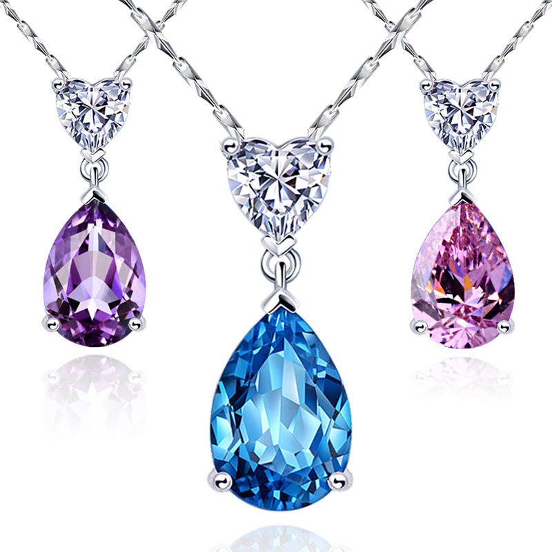 Sier Heart-shaped Blue Water Drop Pendant Natural Topaz Crystal Necklaces