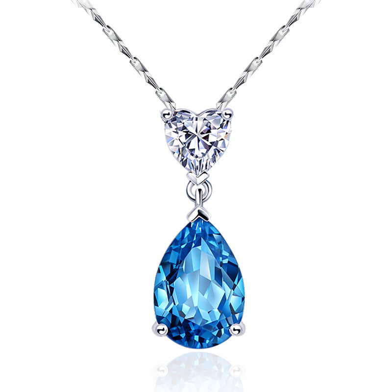 Sier Heart-shaped Blue Water Drop Pendant Natural Topaz Crystal Necklaces