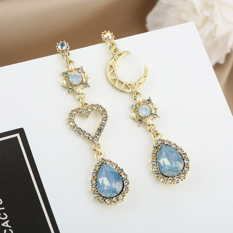 Moon Diamond Studded Hollow Love Heart Blue Earrings