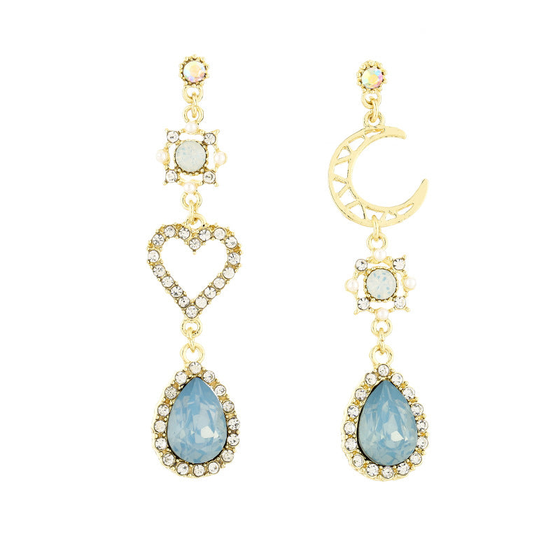 Moon Diamond Studded Hollow Love Heart Blue Earrings