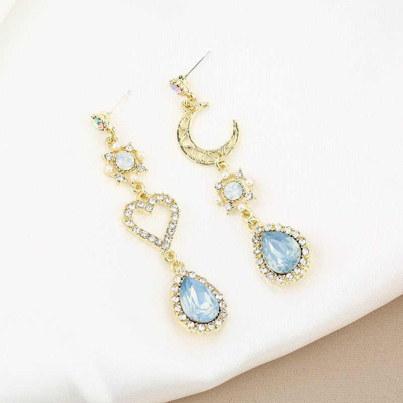 Moon Diamond Studded Hollow Love Heart Blue Earrings