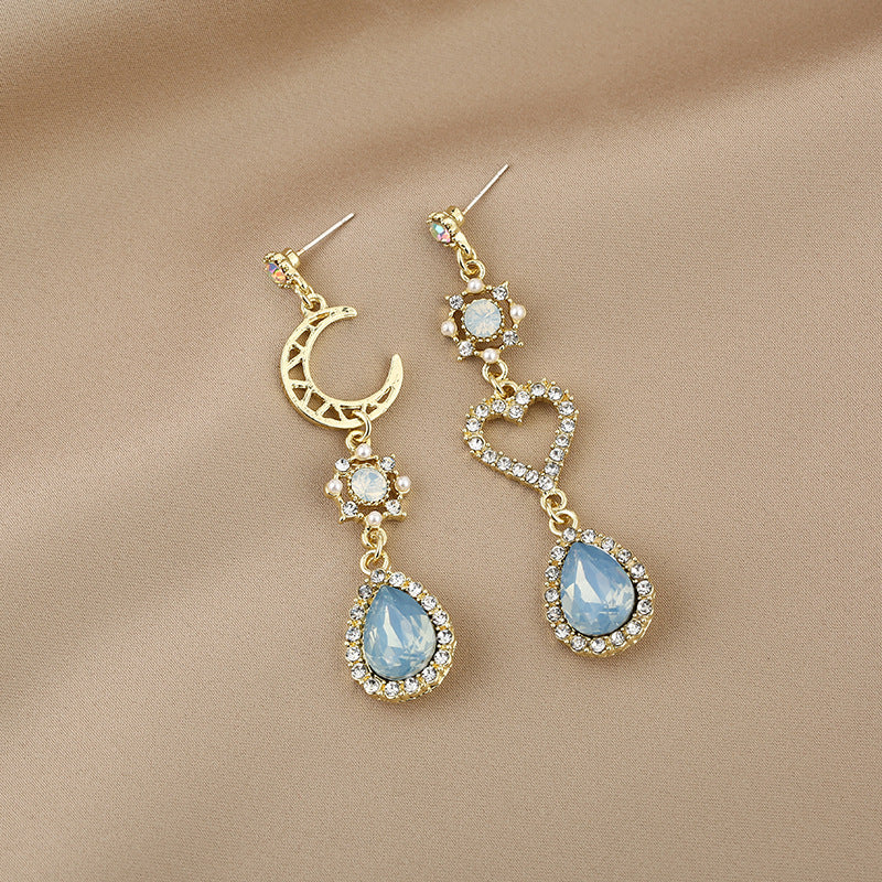 Moon Diamond Studded Hollow Love Heart Blue Earrings