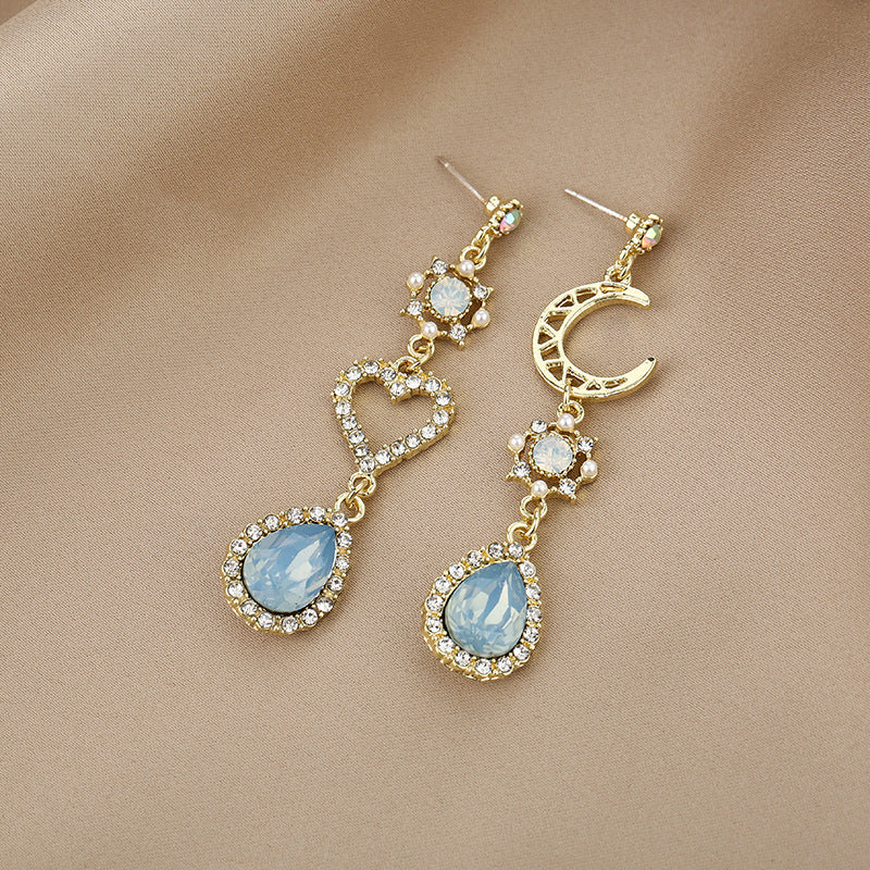 Moon Diamond Studded Hollow Love Heart Blue Earrings