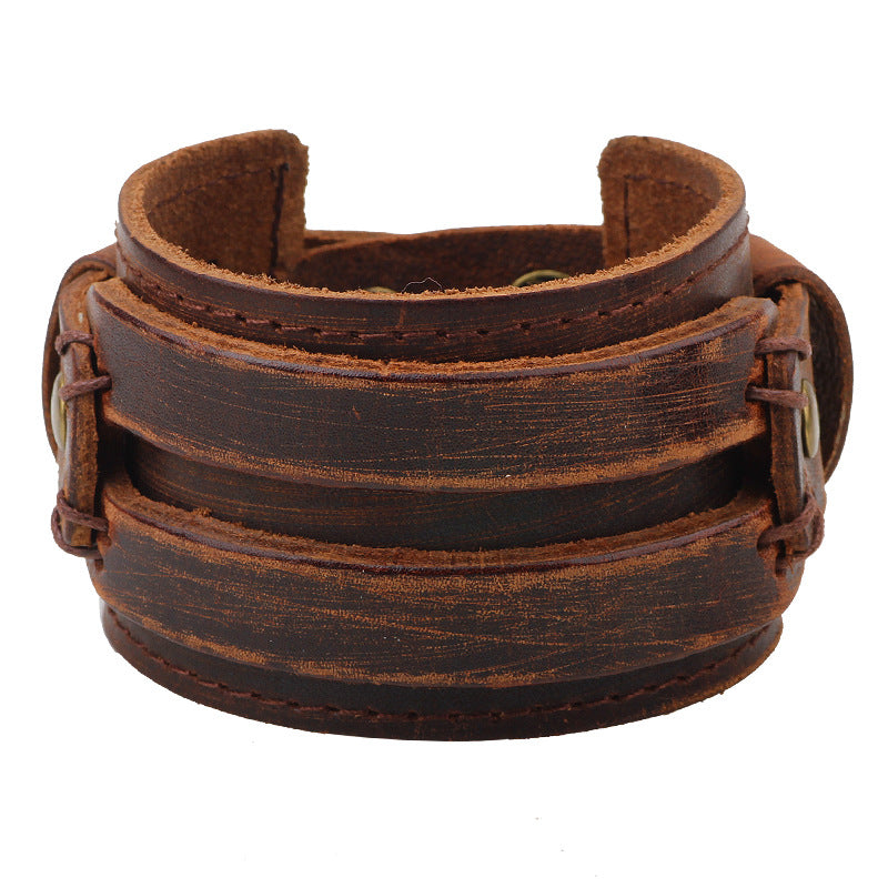 Herren Ornament Retro Echtleder Breite Rinderarmbänder