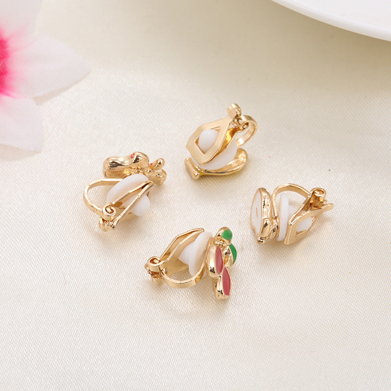 Drip Oil Cherry Cushion Ear Clip Pseudo Stud Earrings