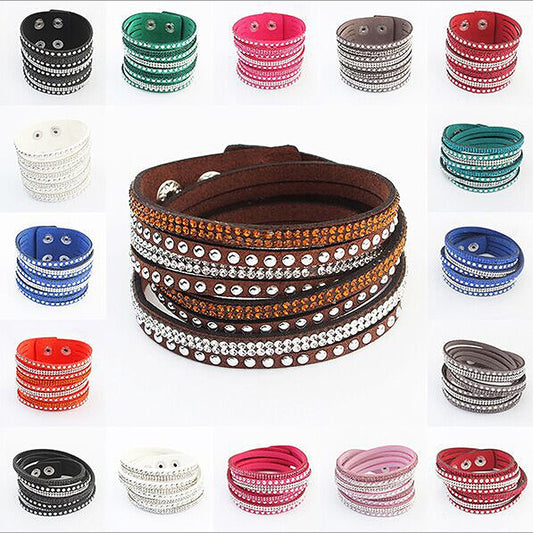 Bracelets simples féminins tissés en cuir long avec strass