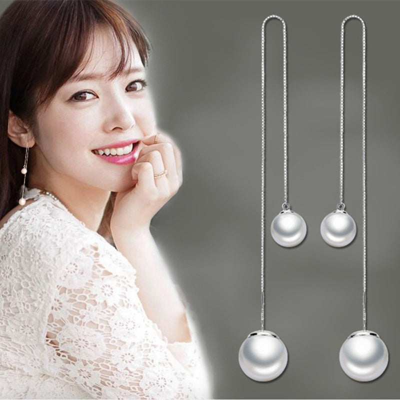 Water Drop Pearl Long Ear Lines Goddess Temperament Stud Earrings