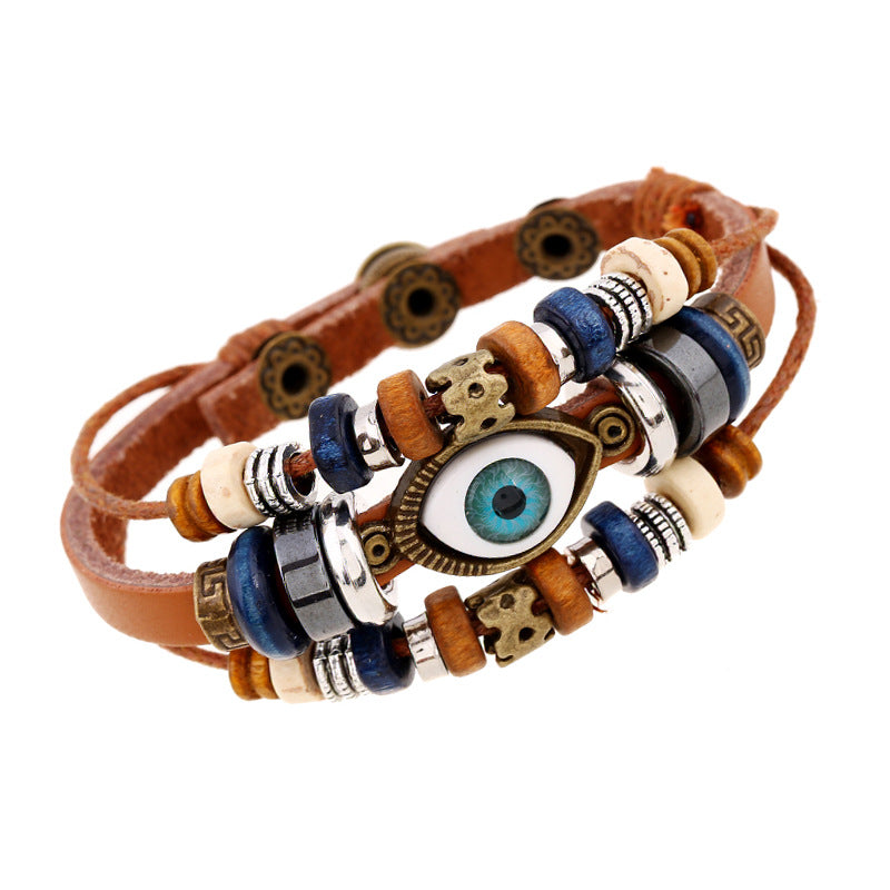 Ornament Beaded Eyes Cattle Leather Pull Adjustment Bracelets