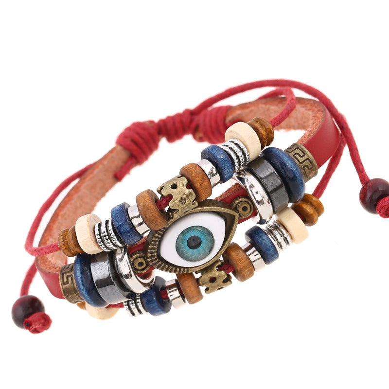 Bracelets d'ajustement de traction en cuir de bétail, yeux perlés, ornement