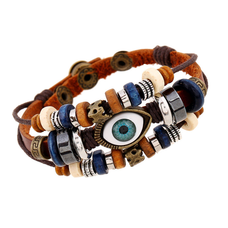 Ornament Beaded Eyes Cattle Leather Pull Adjustment Bracelets