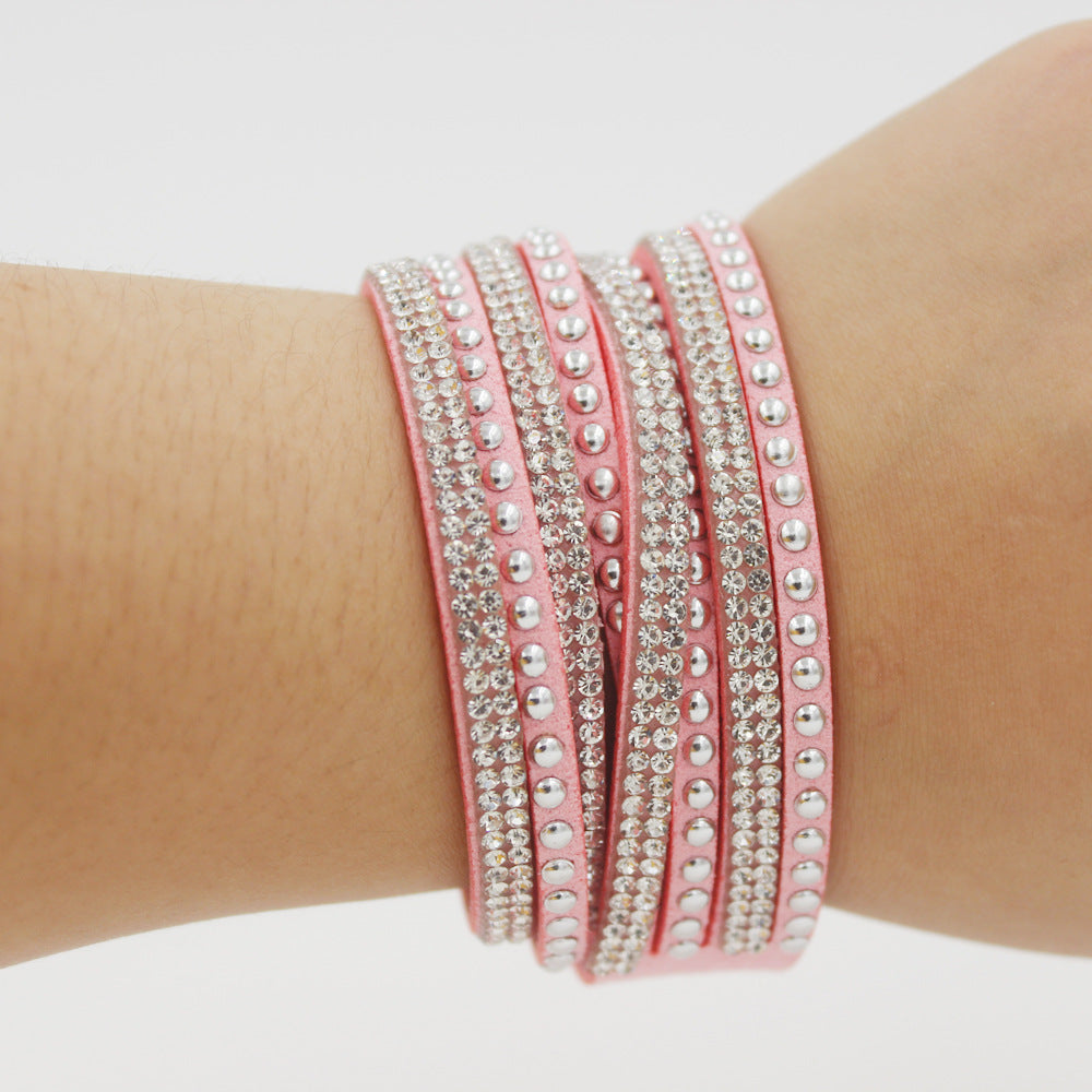 Bracelets simples féminins tissés en cuir long avec strass