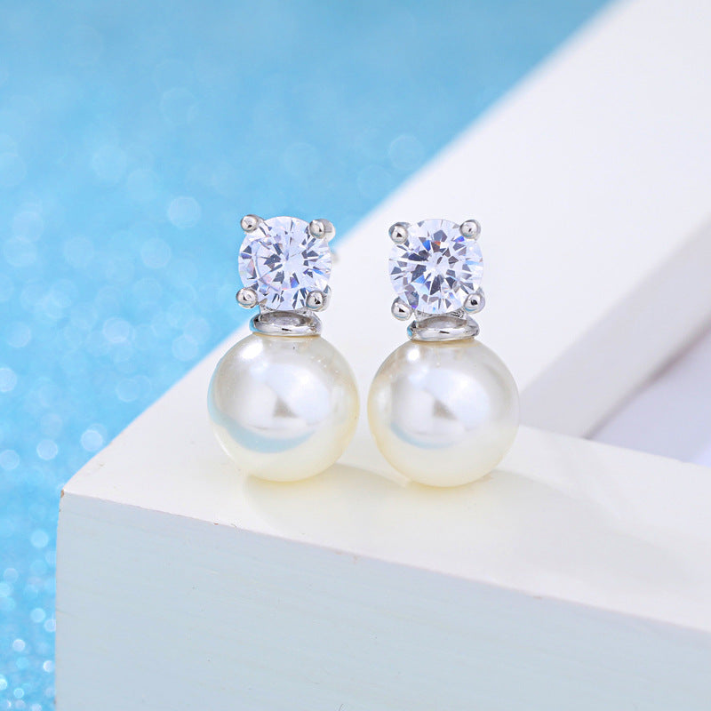 Boucles d'oreilles plaquées argent simples avec perles de Zircon pour femmes