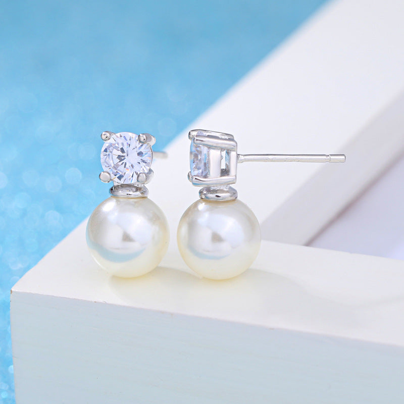 Boucles d'oreilles plaquées argent simples avec perles de Zircon pour femmes