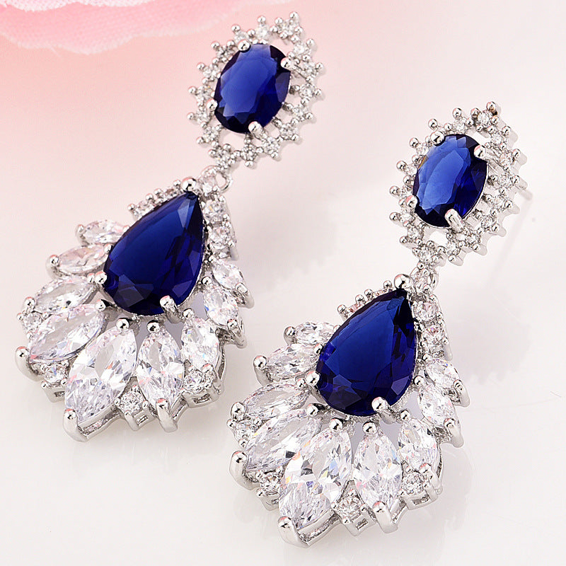 Vintage Tassel Sapphire Blue Zircon Sier Pin Wedding Earrings