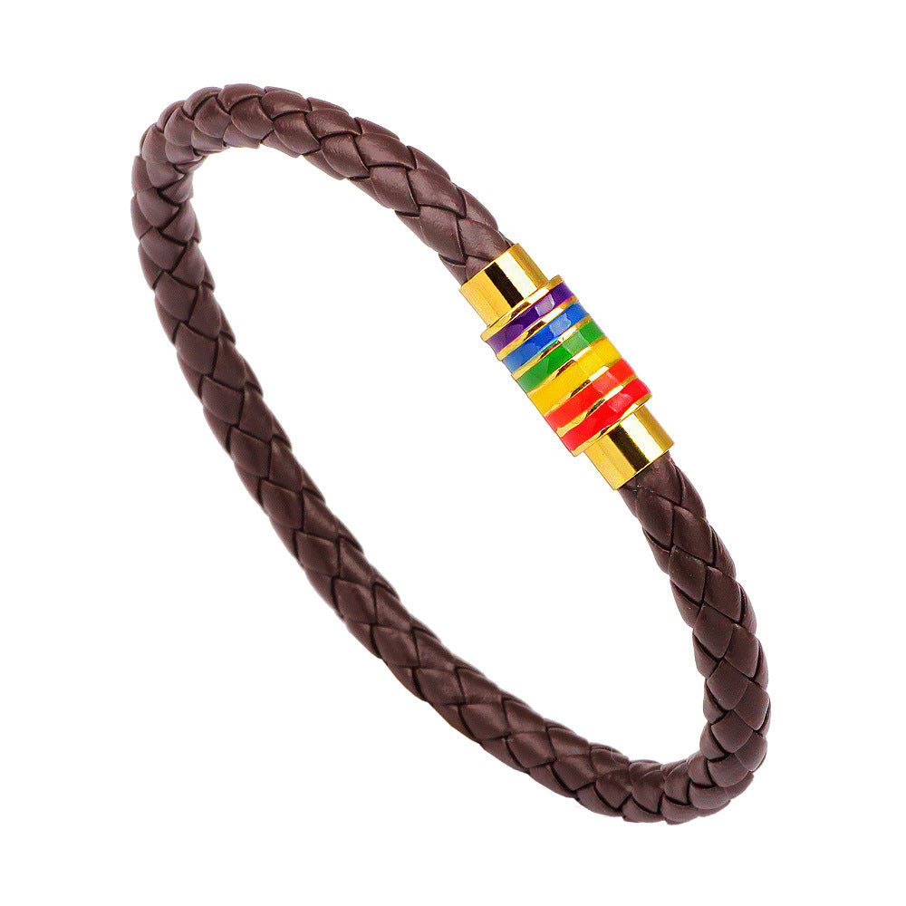 Women's Braided Leather Rainbow Colorful Fashion Copper Bracelets