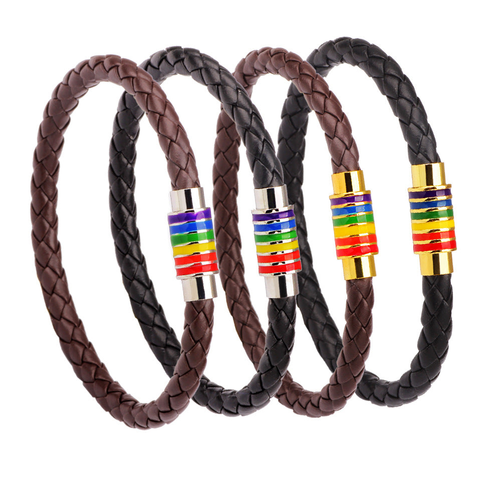 Women's Braided Leather Rainbow Colorful Fashion Copper Bracelets