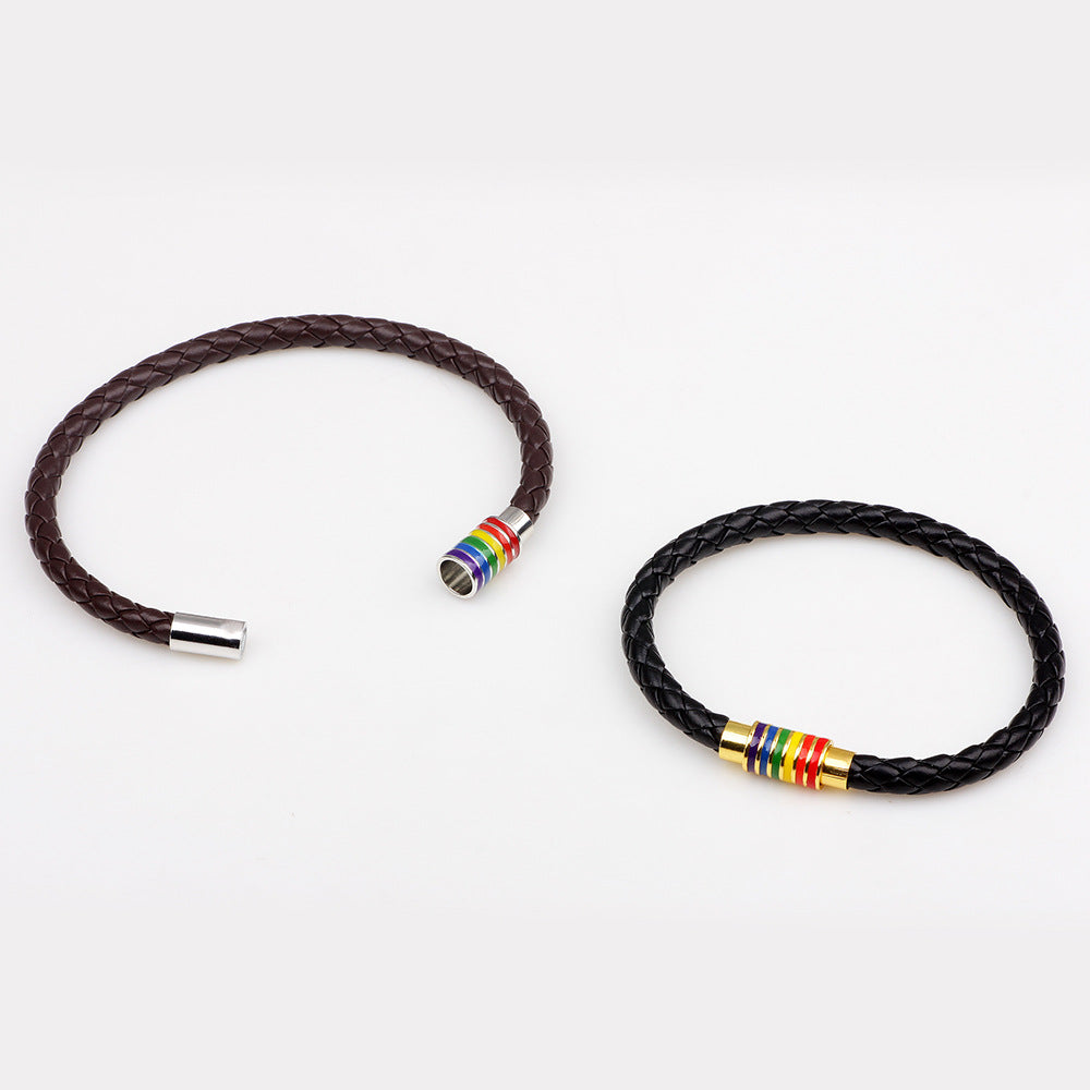 Women's Braided Leather Rainbow Colorful Fashion Copper Bracelets