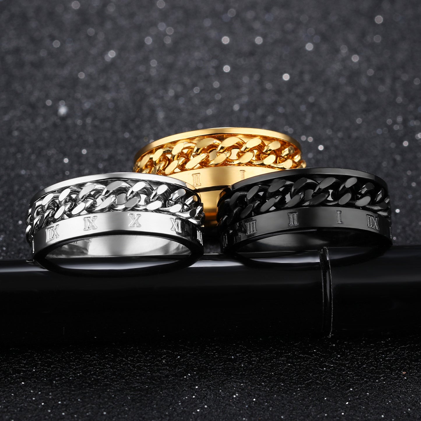 Black Personalized Roman Numerals Rotatable Chain Rings