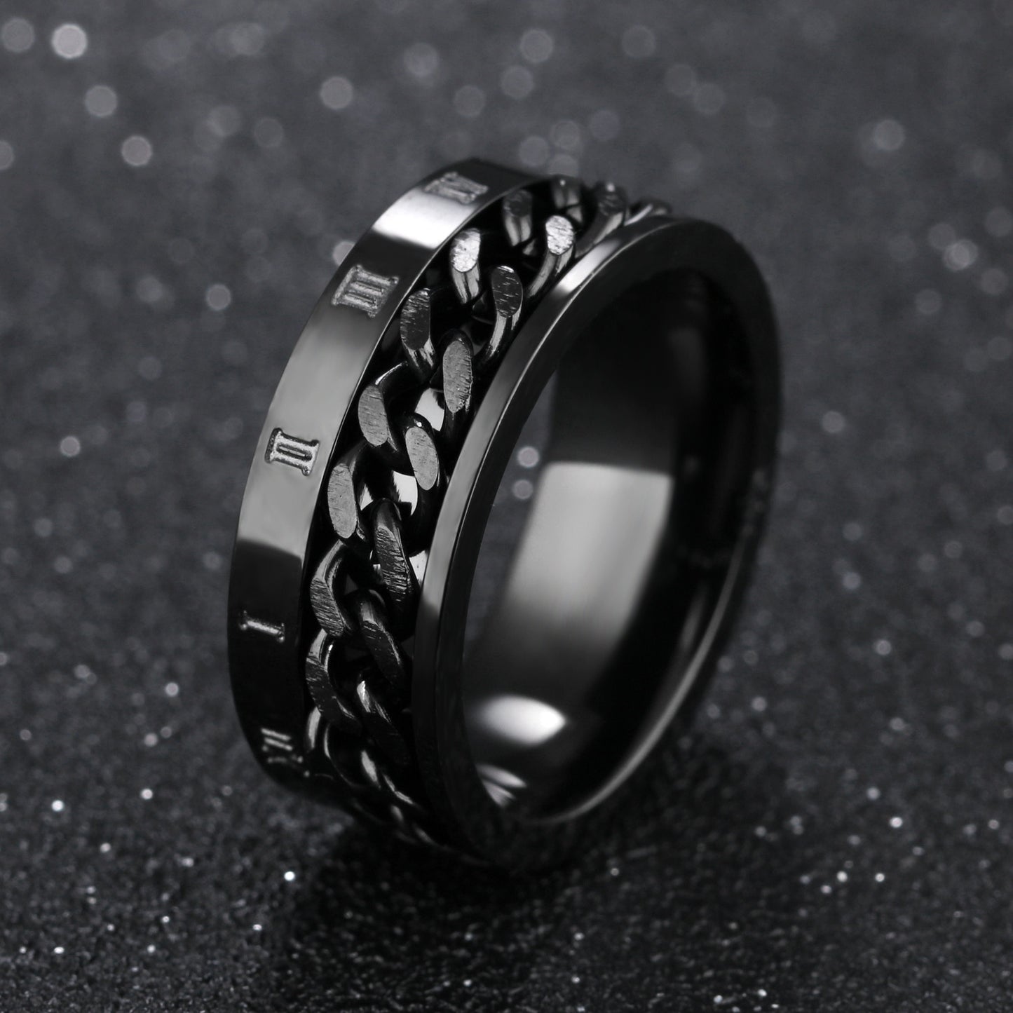 Black Personalized Roman Numerals Rotatable Chain Rings