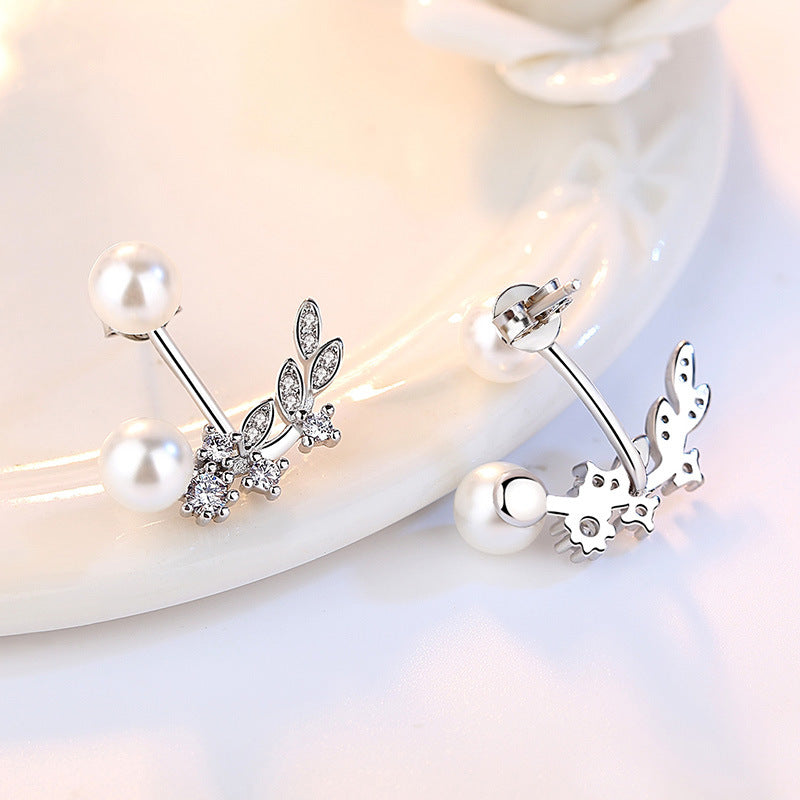 Pearl Leaf Zircon Tassel Cute Sweet Earrings