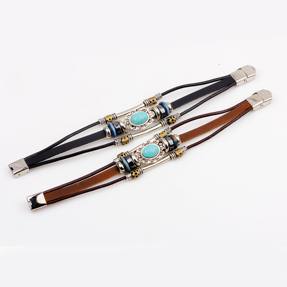 Trendy Court Style Cowhide Haematite Wooden Bracelets