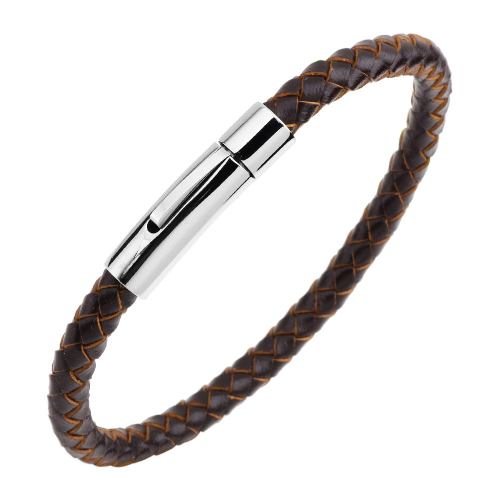 Men's Stainless Steel Button Cowhide Woven Wave Bracelets