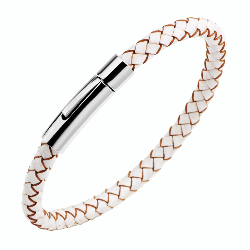 Men's Stainless Steel Button Cowhide Woven Wave Bracelets