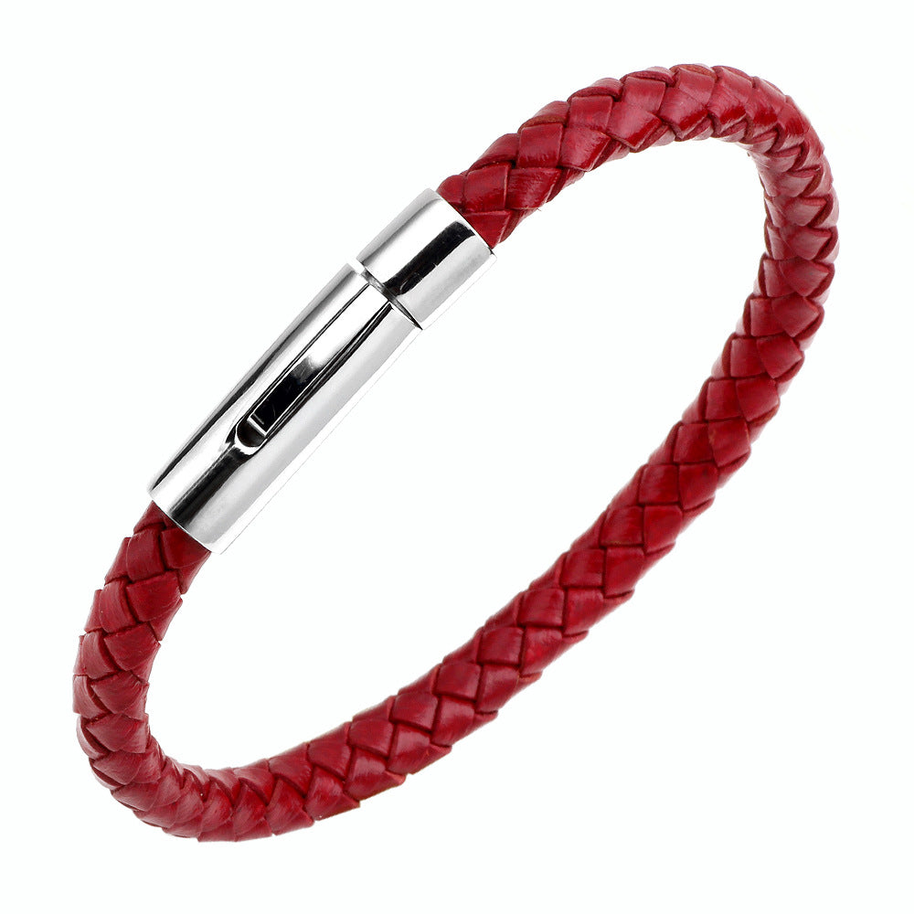 Men's Stainless Steel Button Cowhide Woven Wave Bracelets