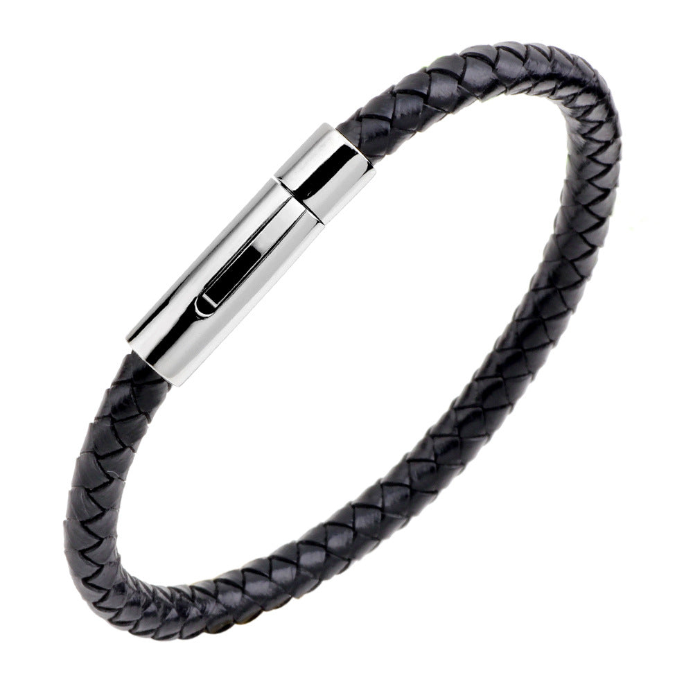 Men's Stainless Steel Button Cowhide Woven Wave Bracelets