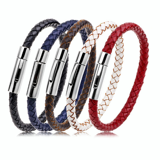 Men's Stainless Steel Button Cowhide Woven Wave Bracelets