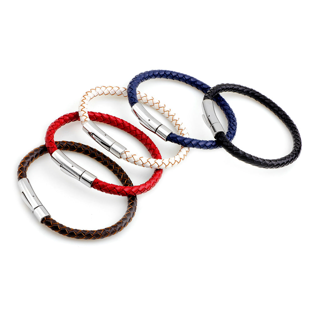 Men's Stainless Steel Button Cowhide Woven Wave Bracelets