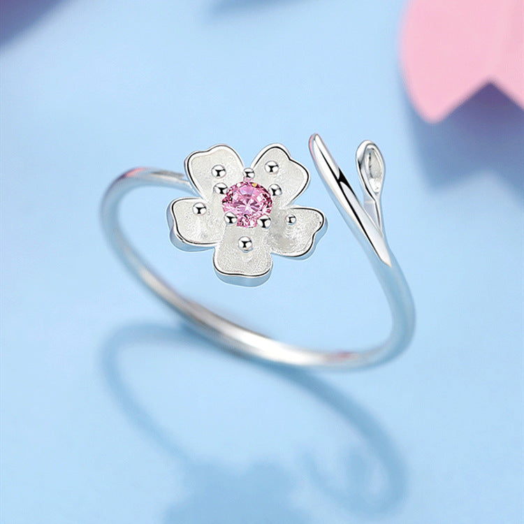 Women's Korean Sier-plated Cherry Blossom Open Pink Crystal Peach Ring