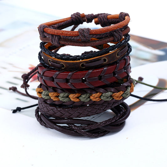 Bracelets d'ornement combinés en cuir de bétail tissé Vintage pour hommes