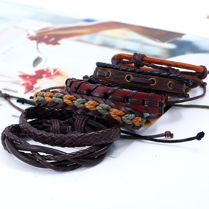 Bracelets d'ornement combinés en cuir de bétail tissé Vintage pour hommes