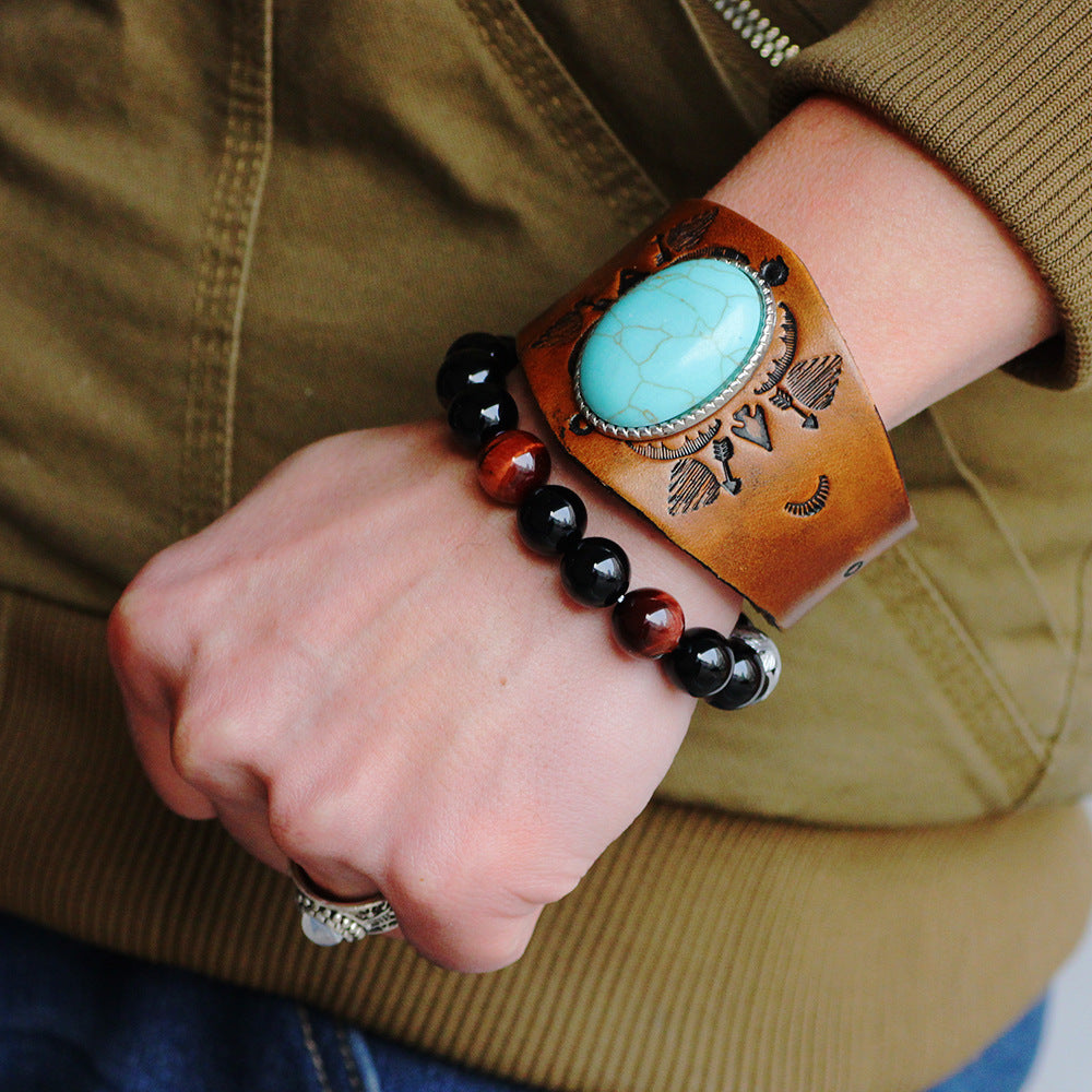 Style Fashion Bracelets de texture totem turquoise de grande taille