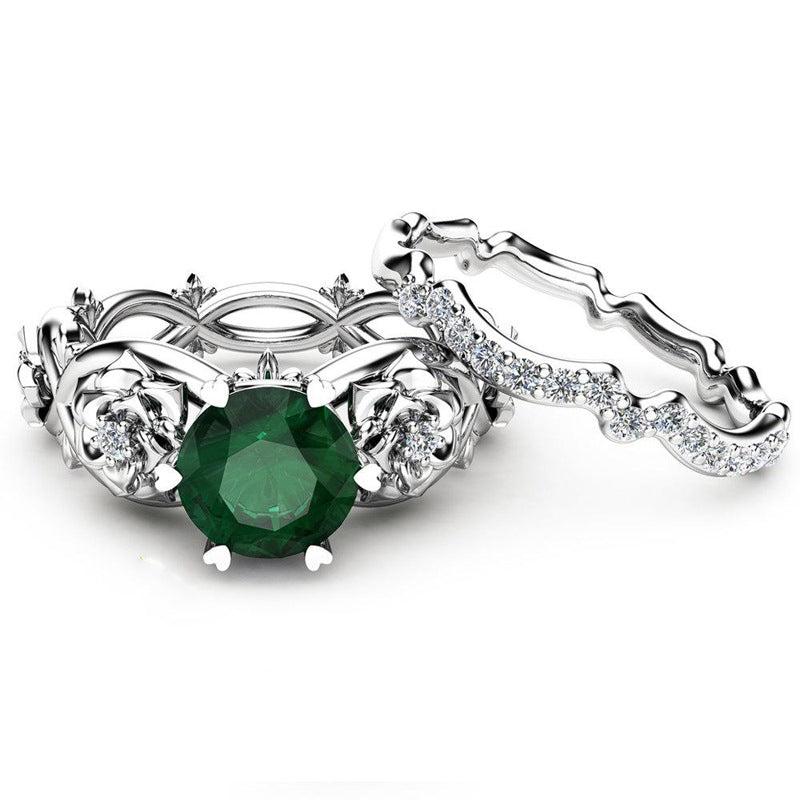 Emerald Couple Simple Flower Ornament Diamond Rings