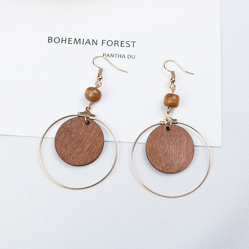 Women's Handmade Design Log Elegant Brown Stylish Round Long Earrings