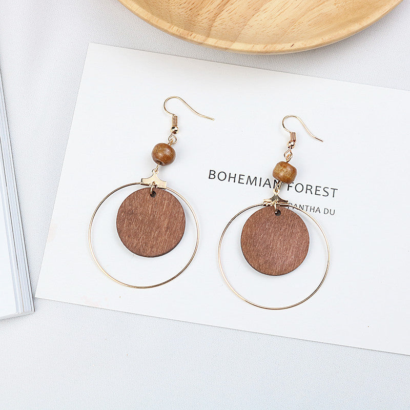 Women's Handmade Design Log Elegant Brown Stylish Round Long Earrings