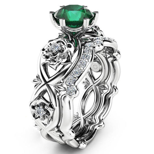 Smaragd-Paar, einfache Blumenornament-Diamantringe