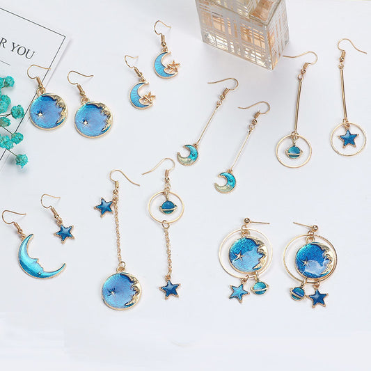 Heart Asymmetric Fresh Blue Starry Moon Earrings