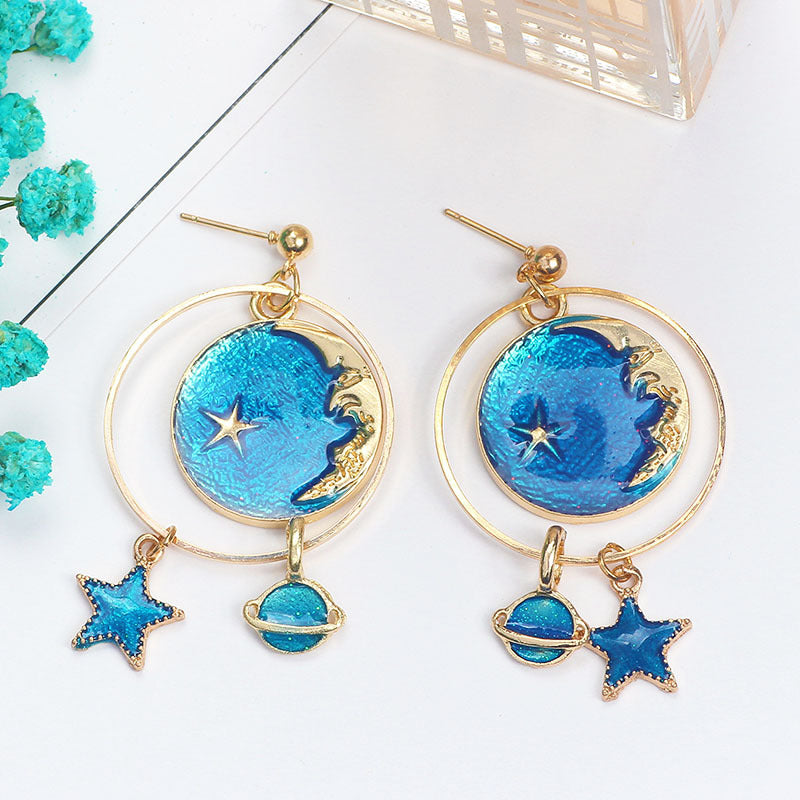 Heart Asymmetric Fresh Blue Starry Moon Earrings