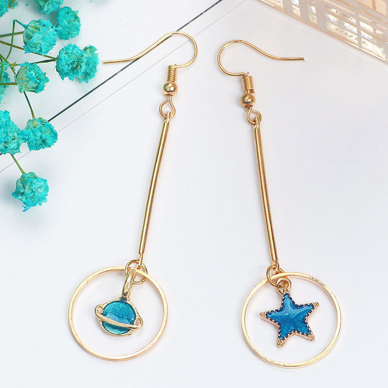 Heart Asymmetric Fresh Blue Starry Moon Earrings