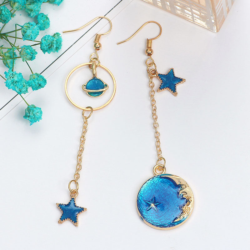 Heart Asymmetric Fresh Blue Starry Moon Earrings