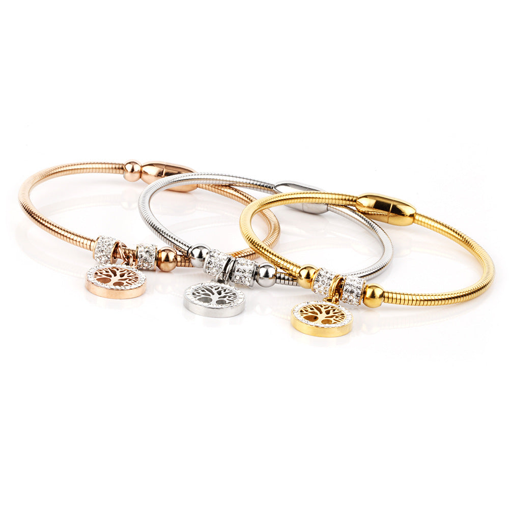 Bracelets en acier inoxydable et titane pour femmes, arbre porte-bonheur, diamant, diamant